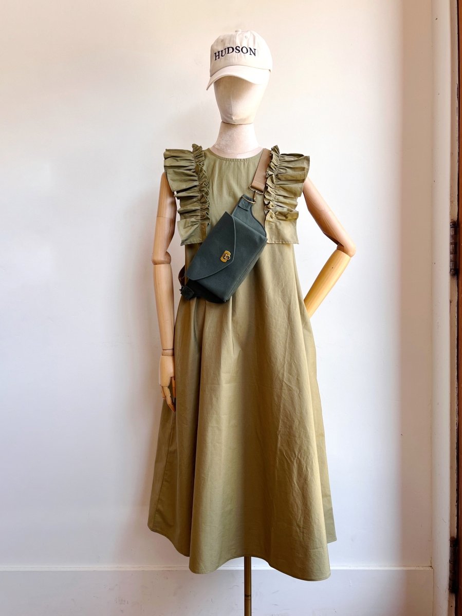 Olive Green Sleeveless Cotton Aria Ruffle Dress w/ Belt - Made X Hudson