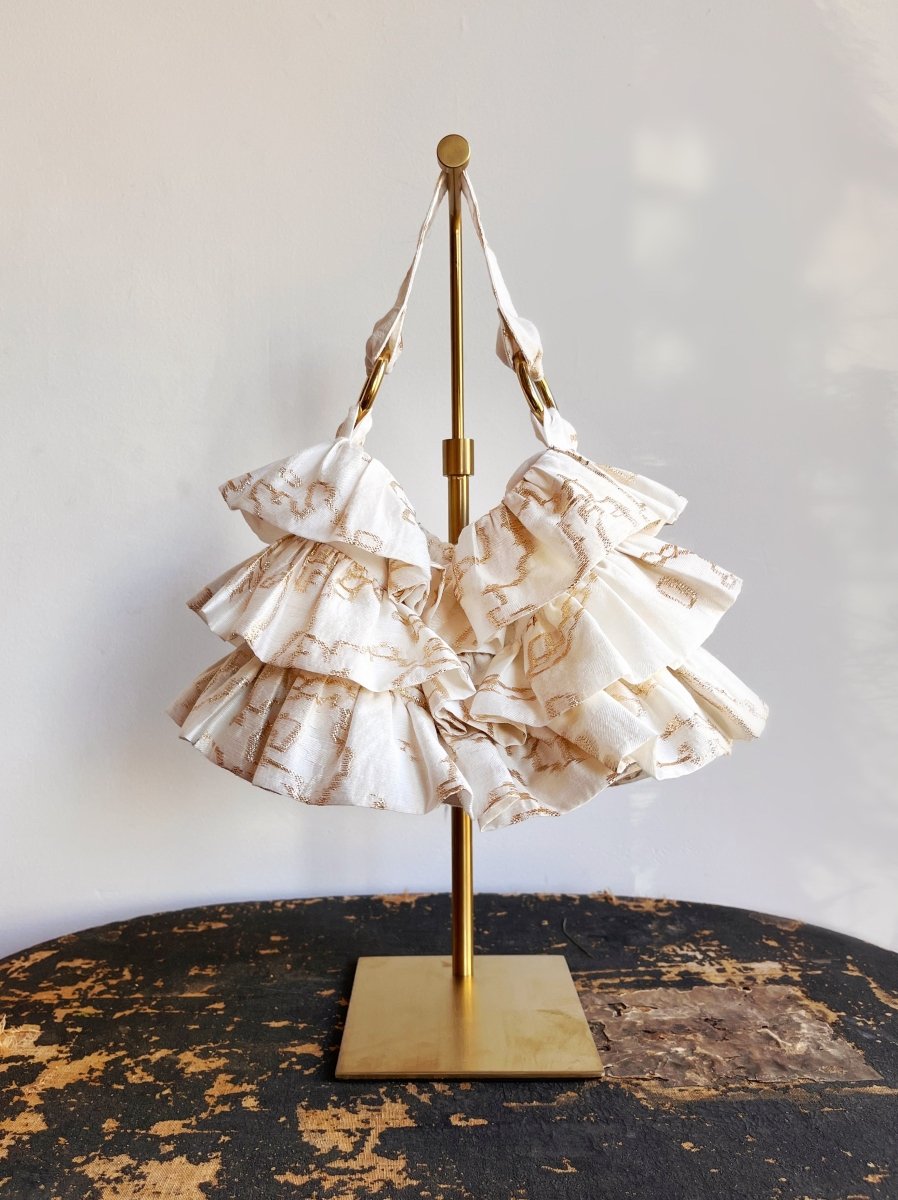 Liza Ruffle Bag in Ivory w/ Gold Abstract Embroidery - Made X Hudson