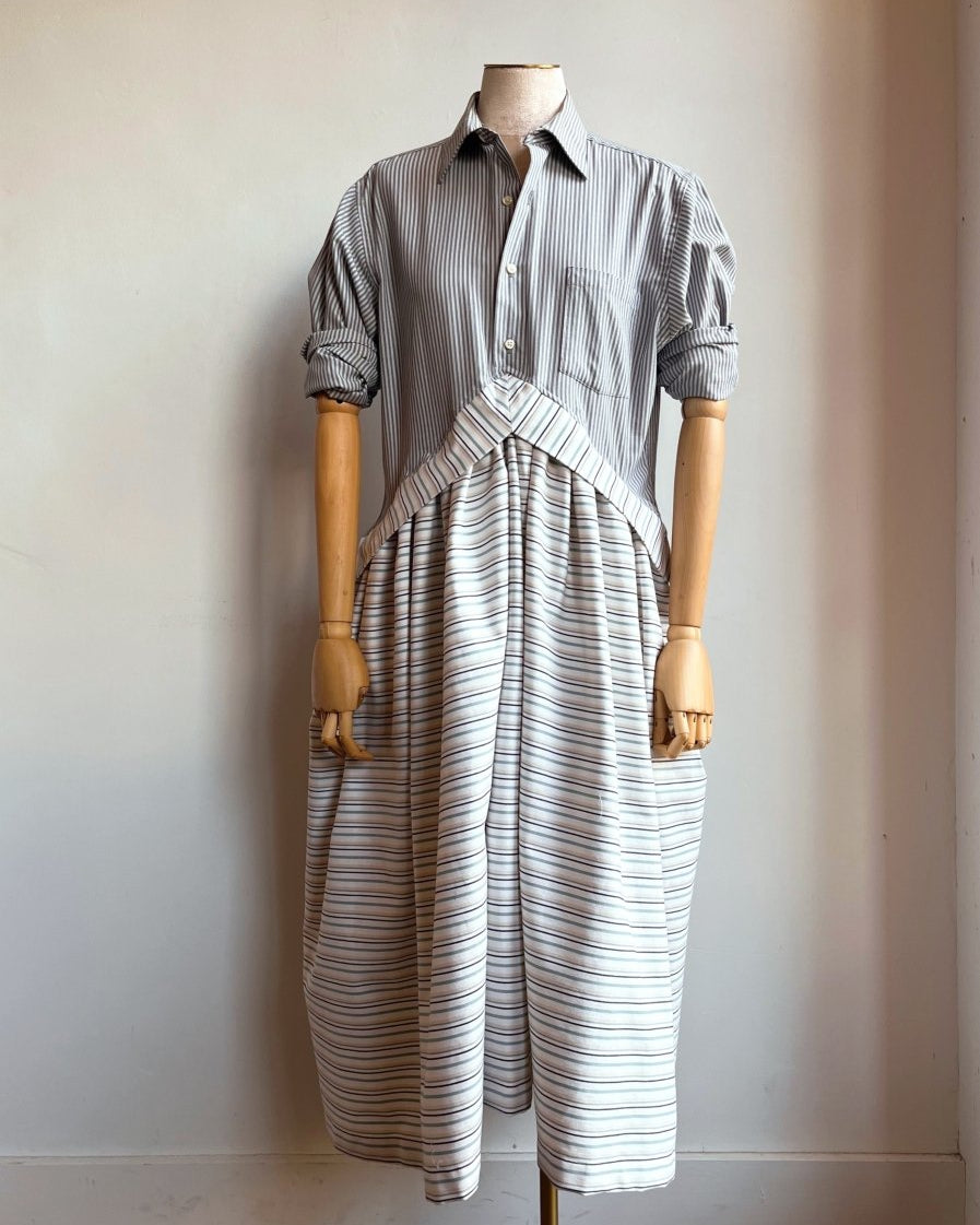V - Line Shirtwaist Dress in Micro Blue Grey Stripe with Ivory and Blue Stripe (Reworked) - Made X Hudson