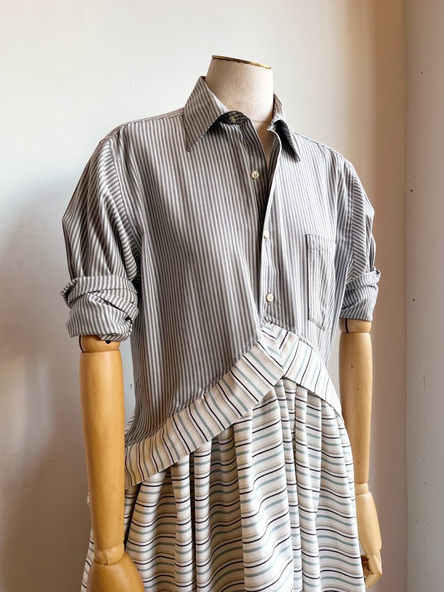 V - Line Shirtwaist Dress in Micro Blue Grey Stripe with Ivory and Blue Stripe (Reworked) - Made X Hudson