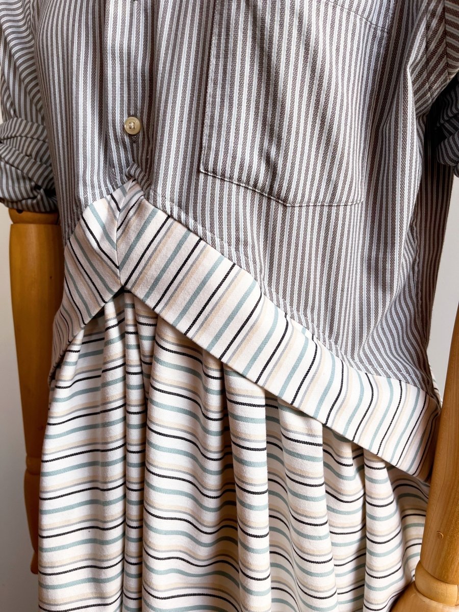 V - Line Shirtwaist Dress in Micro Blue Grey Stripe with Ivory and Blue Stripe (Reworked) - Made X Hudson