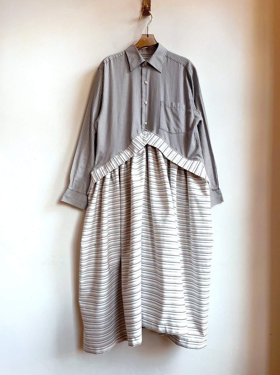 V - Line Shirtwaist Dress in Micro Blue Grey Stripe with Ivory and Blue Stripe (Reworked) - Made X Hudson