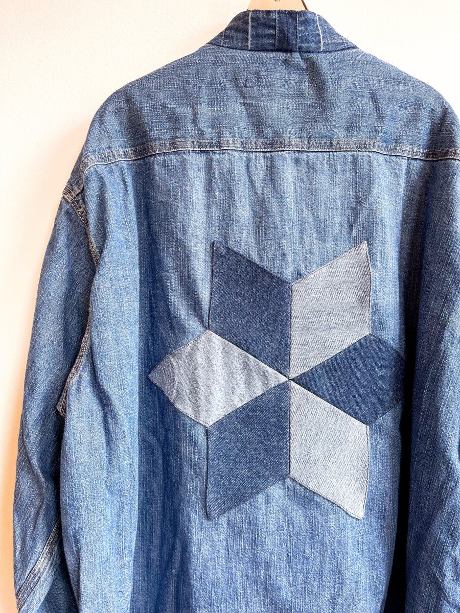 Denim Wrap Jacket with 6 - Pointed Star Quilt Block (Reworked) - Made X Hudson