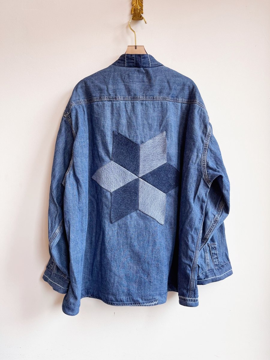 Denim Wrap Jacket with 6 - Pointed Star Quilt Block (Reworked) - Made X Hudson