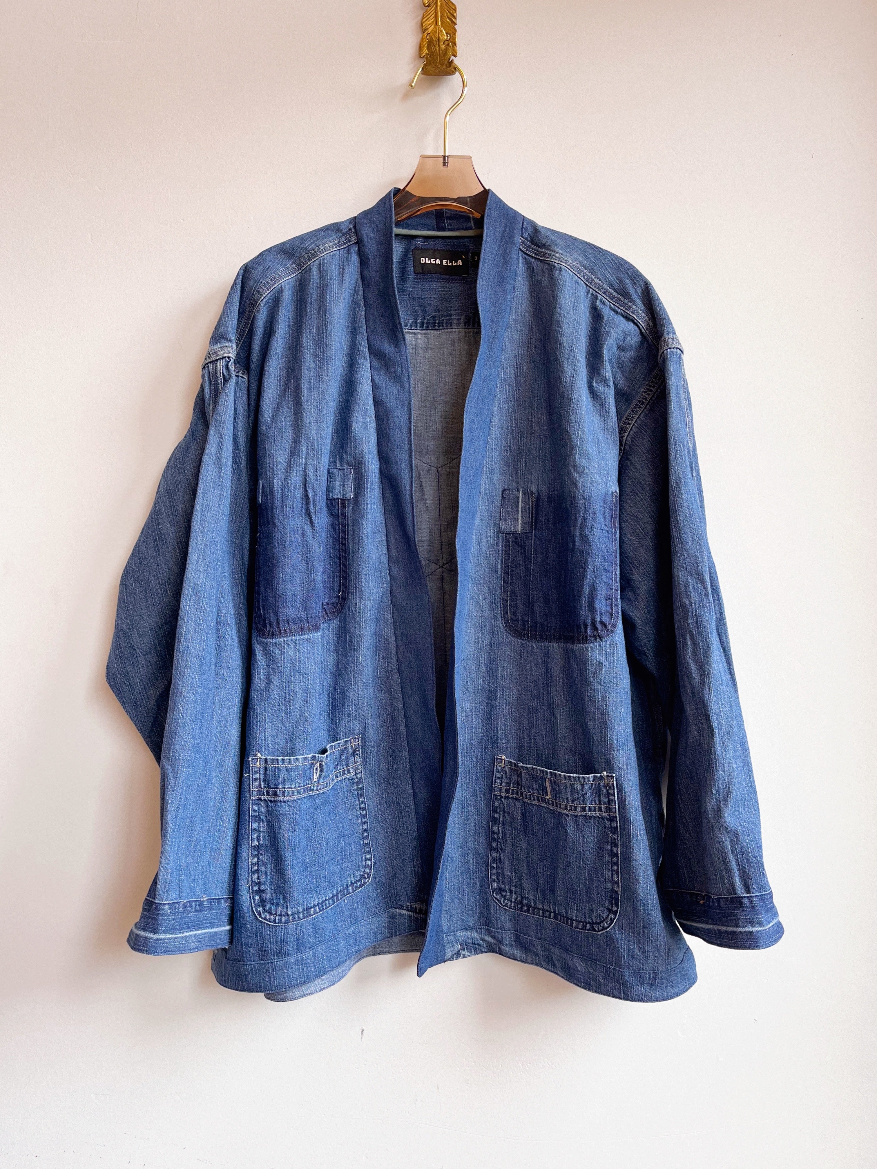 Denim shirt transformed into open-front jacket with 6-pointed-star quilt block on the back