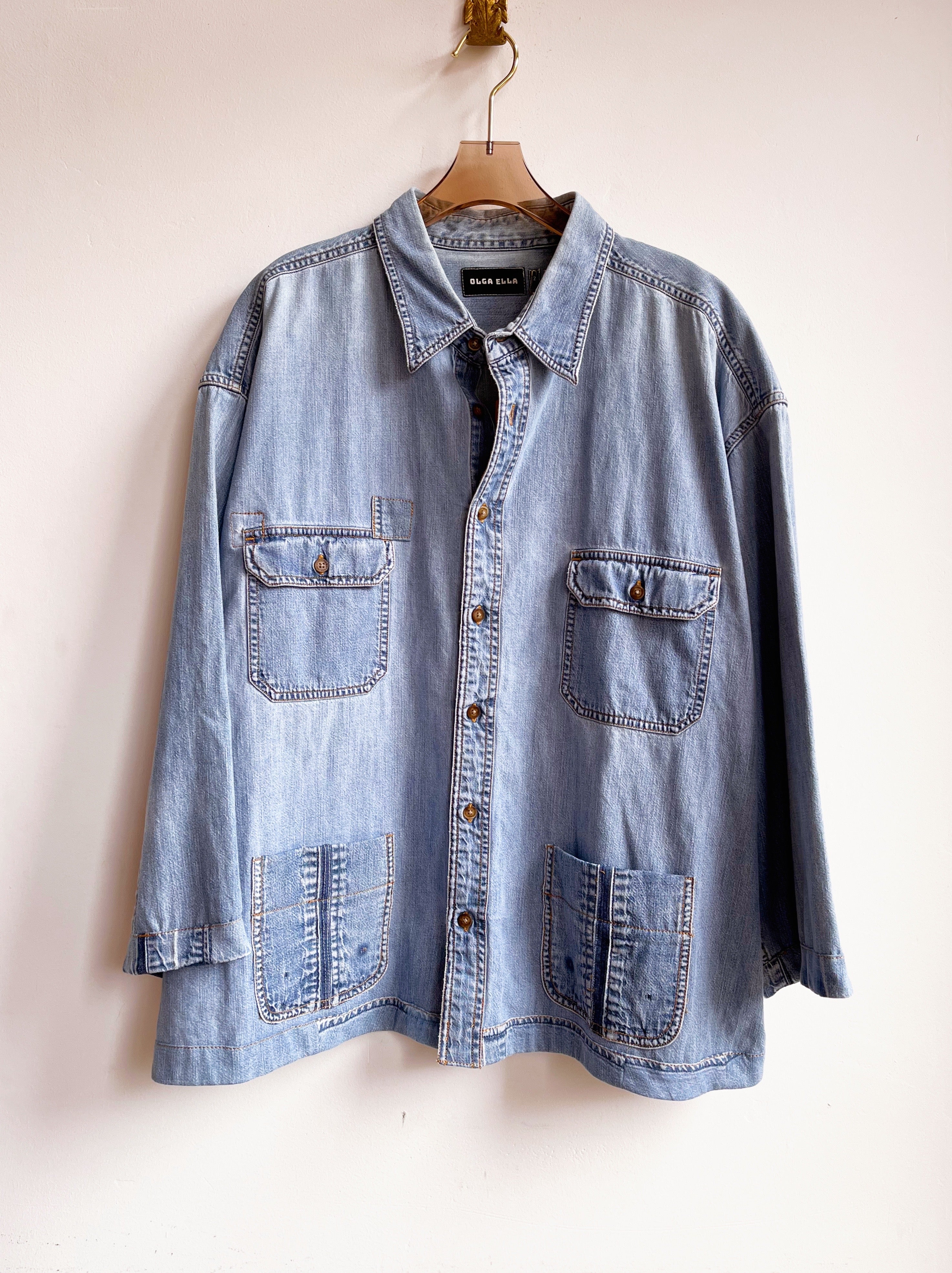 Denim shirt reworked into a shirt jacket with 9-square denim quilt block on the back