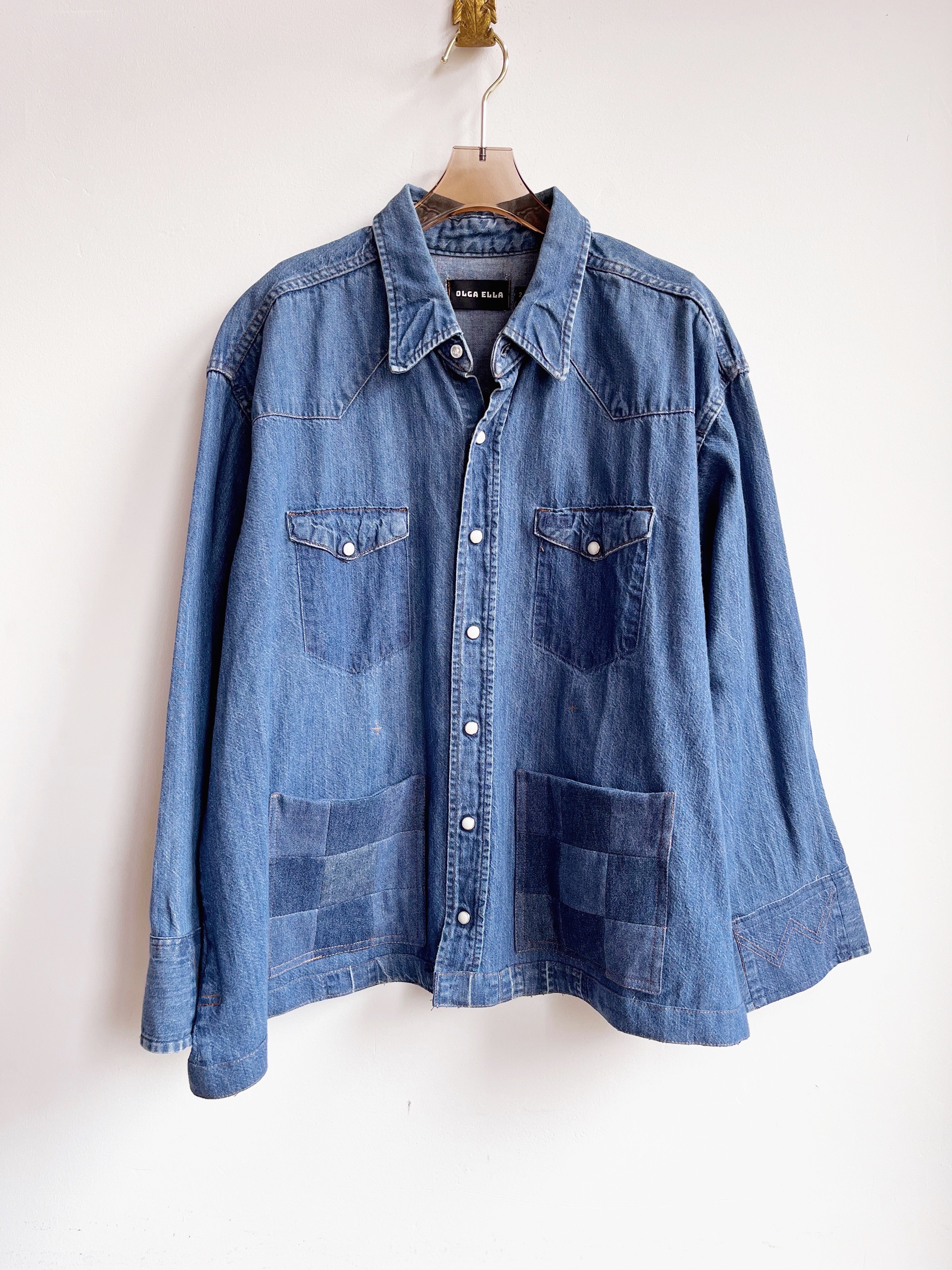 Denim western shirt reworked into a shirt jacket with added pockets made of patchworked denim squares