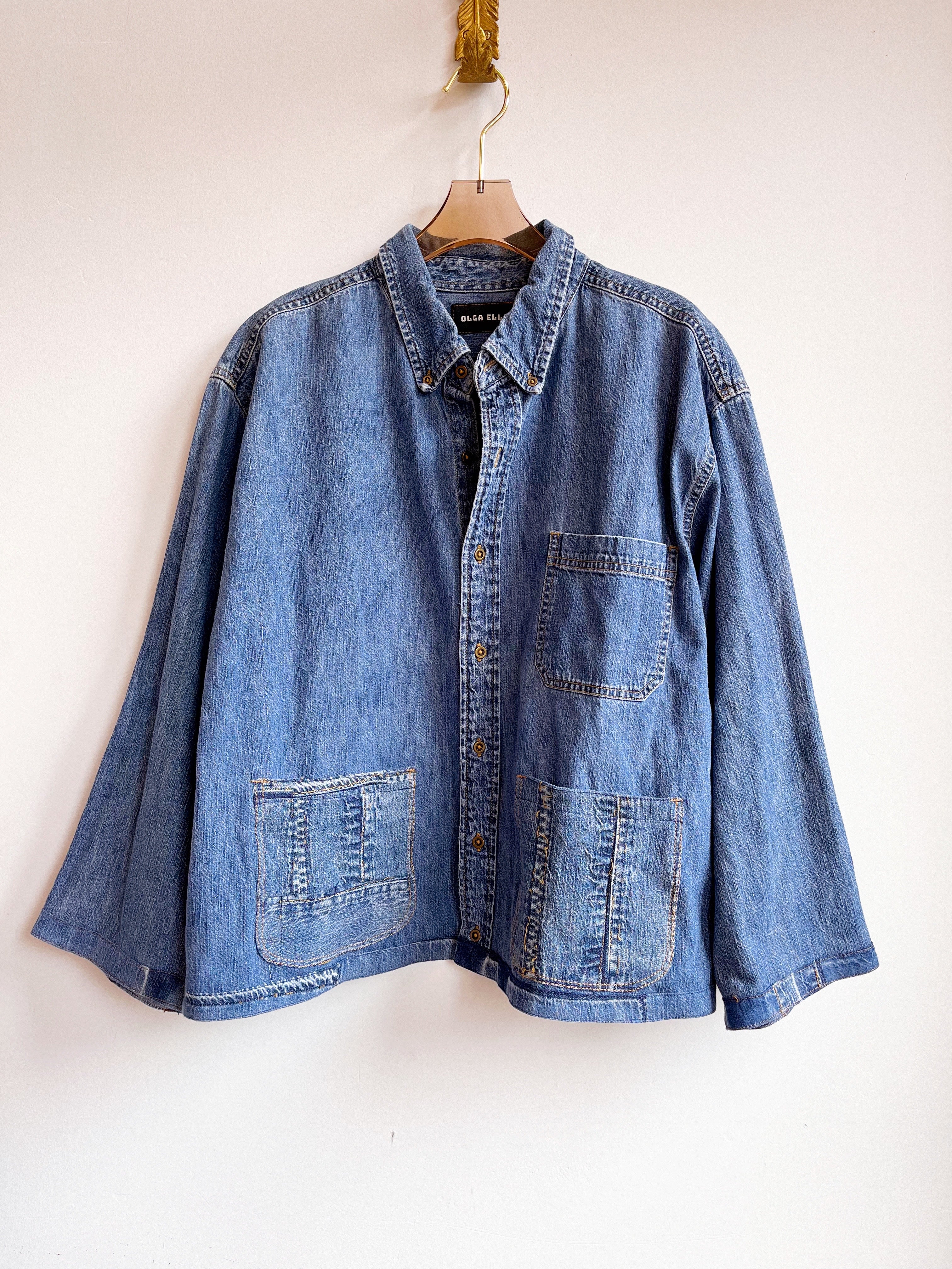 Denim shirt remade as a shirt jacket with denim grid-of-squares patchwork on the back