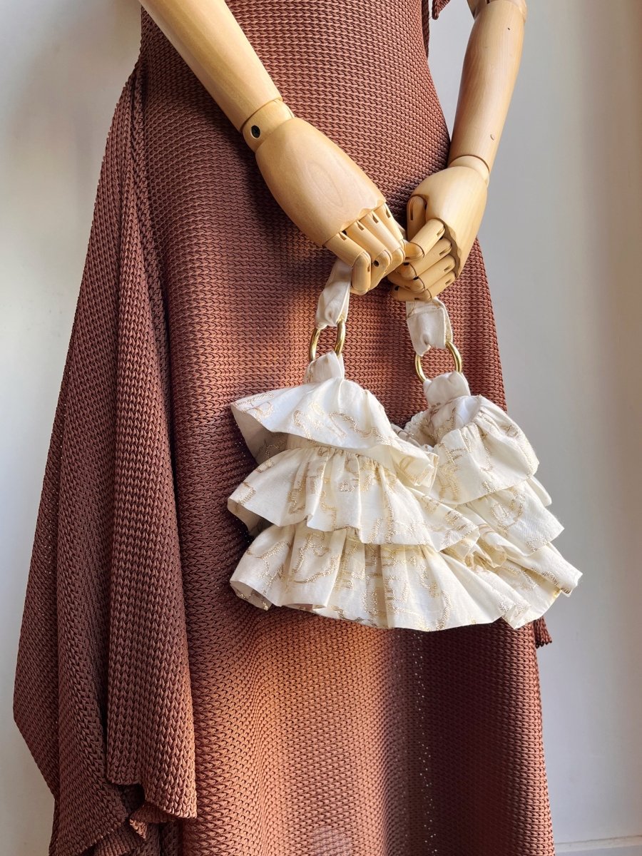 Liza Ruffle Bag in Ivory w/ Gold Abstract Embroidery - Made X Hudson
