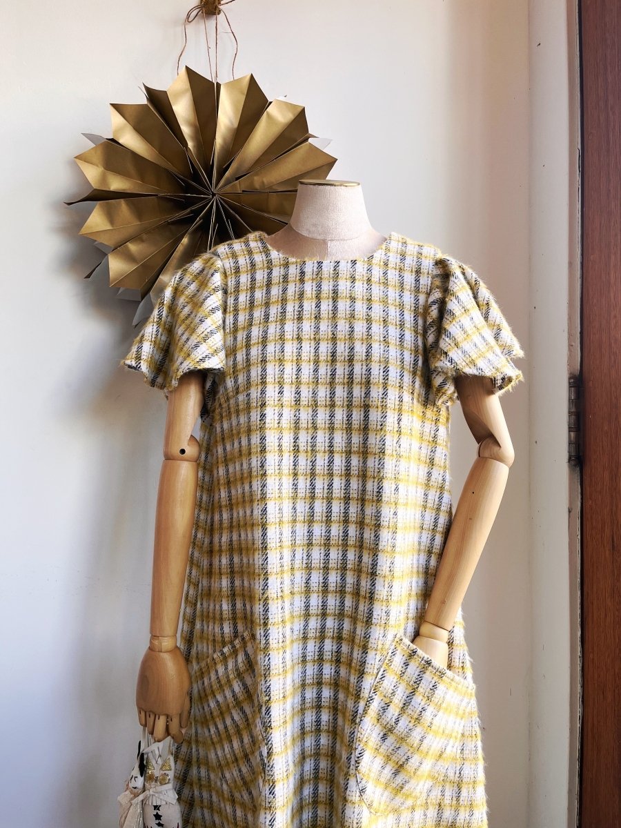 White, Gold, and Black Plaid Fuzzy Chore Dress with Flutter Sleeve - Made X Hudson