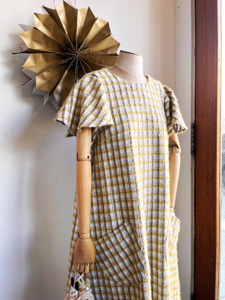 White, Gold, and Black Plaid Fuzzy Chore Dress with Flutter Sleeve - Made X Hudson