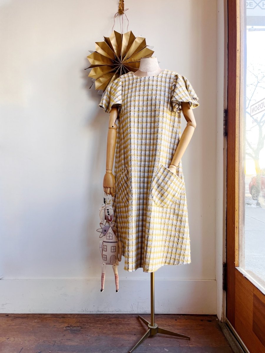 White, Gold, and Black Plaid Fuzzy Chore Dress with Flutter Sleeve - Made X Hudson
