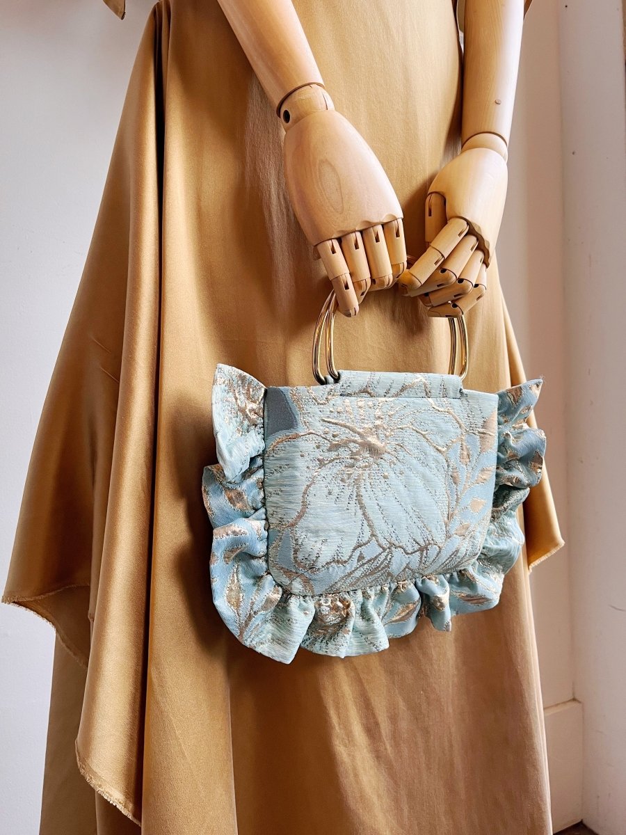 Ice Blue and Gold Brocade Minnie Ruffle Bag - Made X Hudson