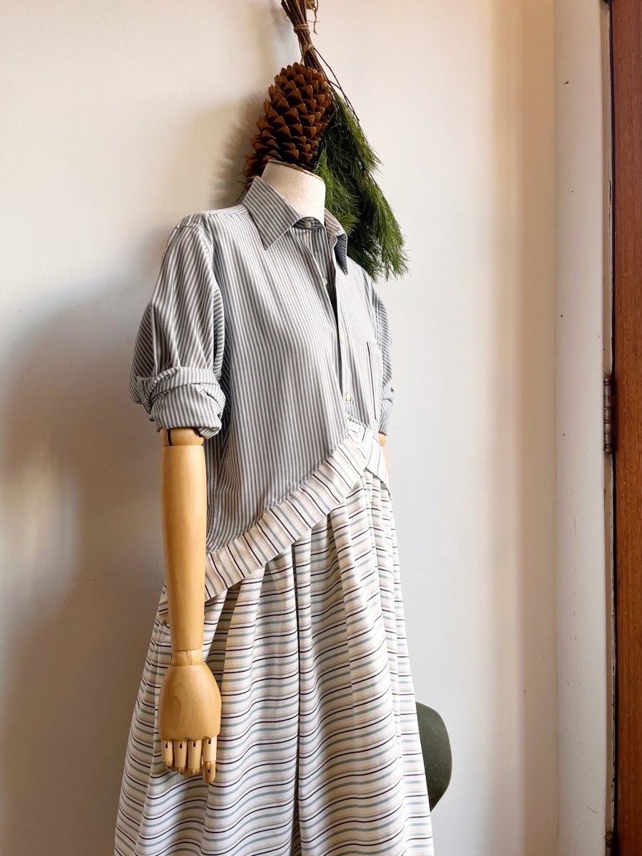 V - Line Shirtwaist Dress in Micro Blue Grey Stripe with Ivory and Blue Stripe (Reworked) - Made X Hudson