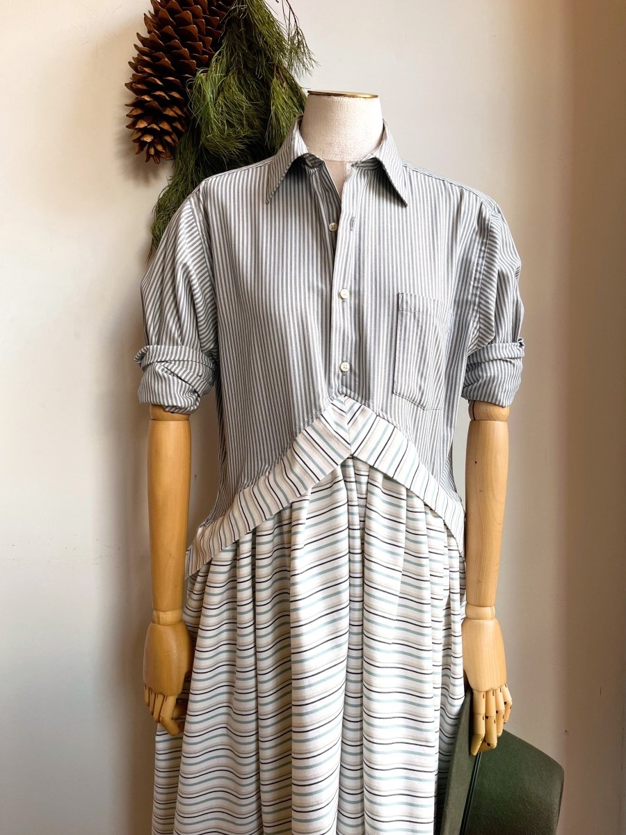 V - Line Shirtwaist Dress in Micro Blue Grey Stripe with Ivory and Blue Stripe (Reworked) - Made X Hudson