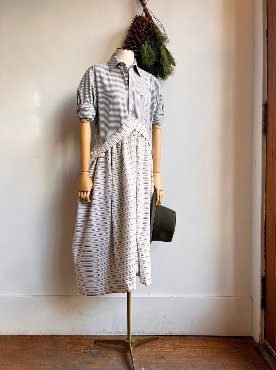 V - Line Shirtwaist Dress in Micro Blue Grey Stripe with Ivory and Blue Stripe (Reworked) - Made X Hudson