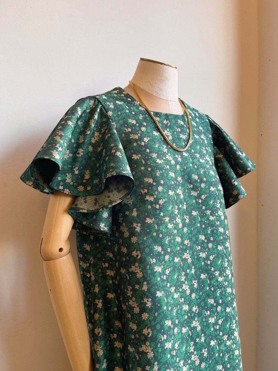 Emerald Floral Silk Brocade Chore Dress w/ Flutter Sleeve - Made X Hudson