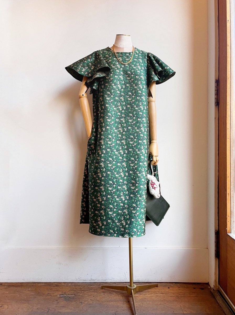 Emerald Floral Silk Brocade Chore Dress w/ Flutter Sleeve - Made X Hudson