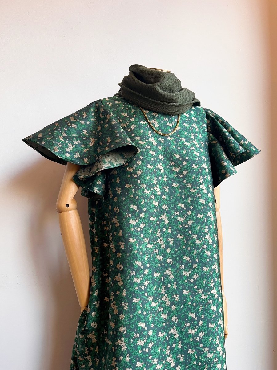 Emerald Floral Silk Brocade Chore Dress w/ Flutter Sleeve - Made X Hudson