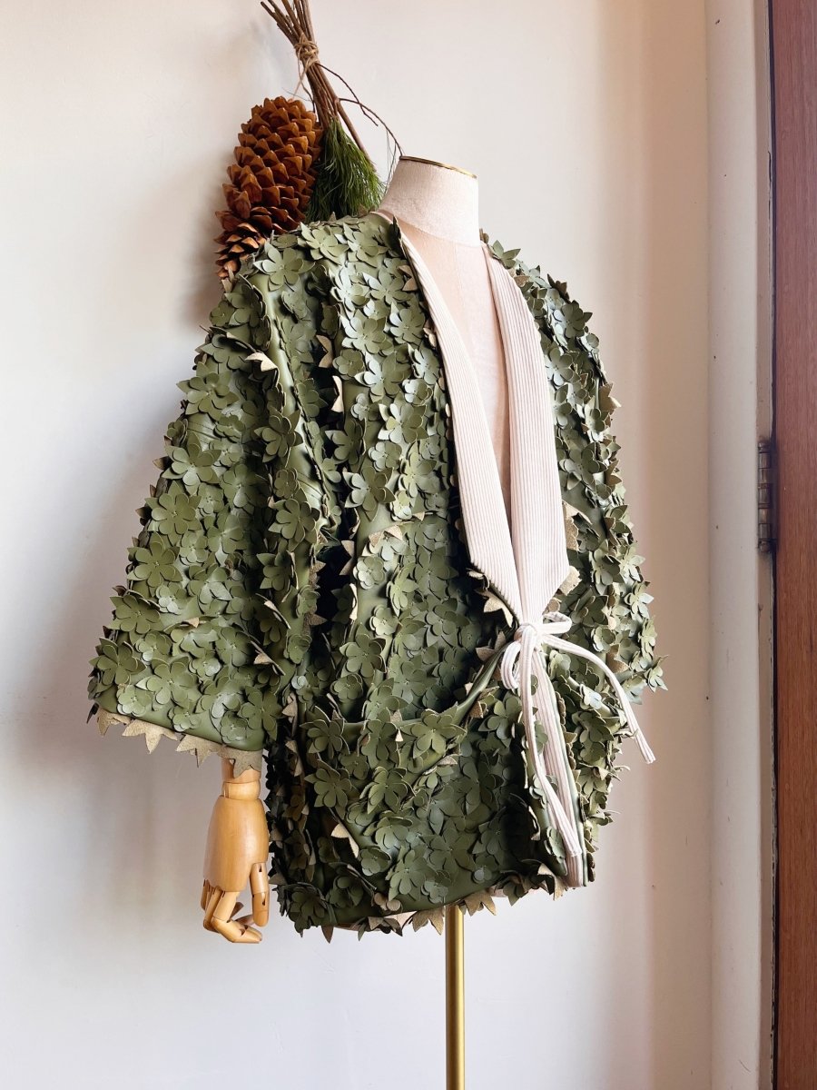 Olive Green Sculptural Floral Faux Leather Chore Jacket - Made X Hudson