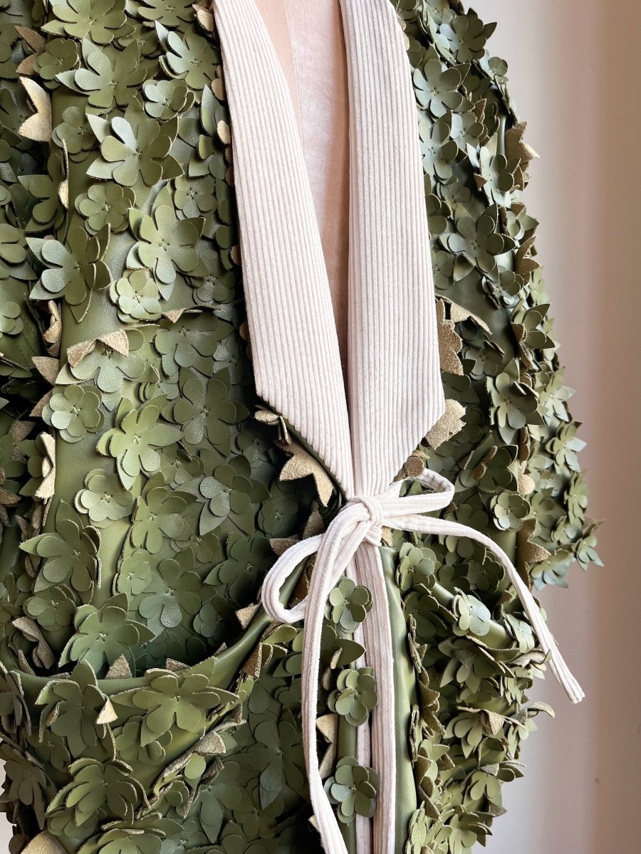 Olive Green Sculptural Floral Faux Leather Chore Jacket - Made X Hudson