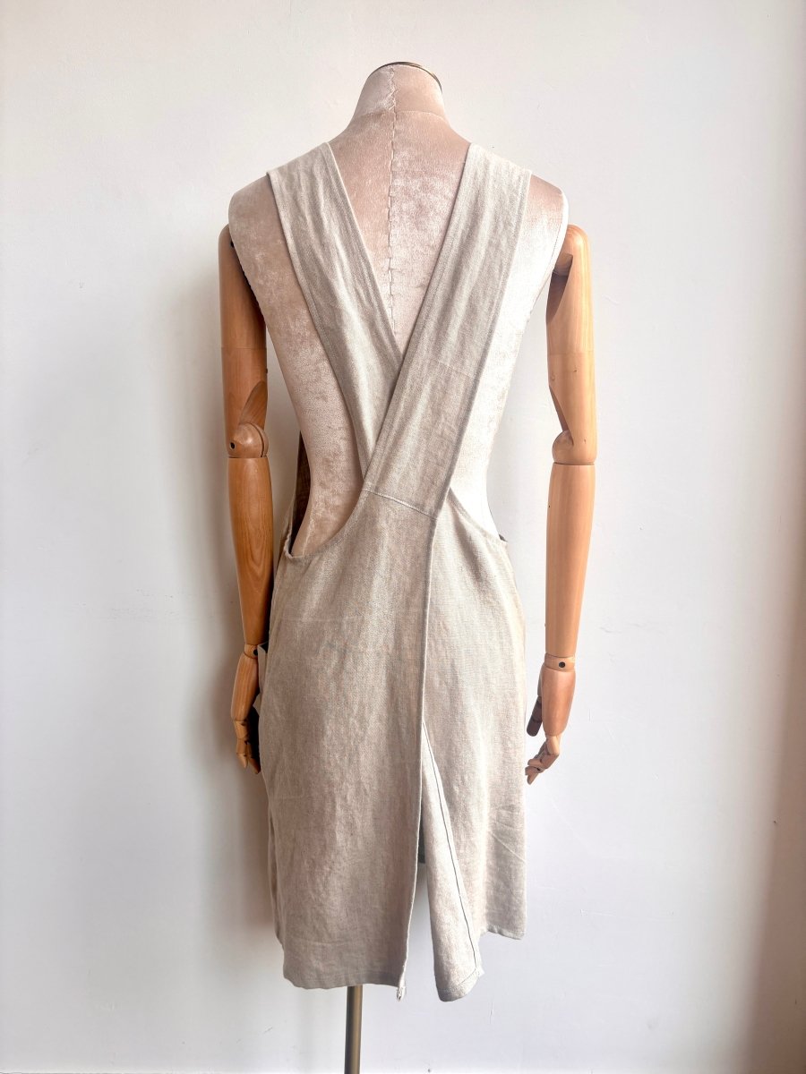 Beige Organic Linen Hand - Embroidered Pinafore Apron w/ Blue & Green Floral - Made X Hudson