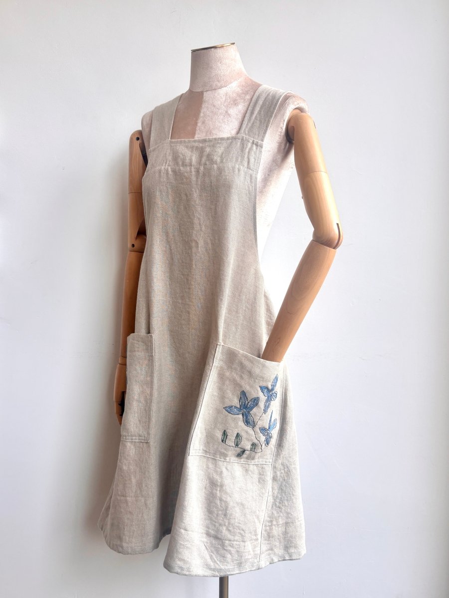 Beige Organic Linen Hand - Embroidered Pinafore Apron w/ Blue & Green Floral - Made X Hudson