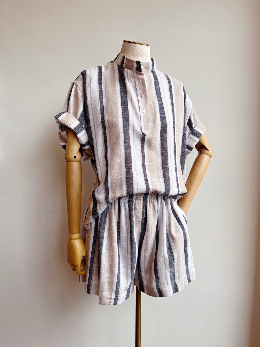 Short Sleeve Popover Shirt in Black, White, & Tan Stripe - Made X Hudson