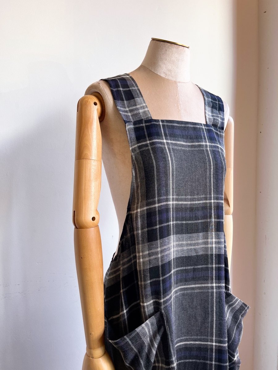 Grey, Black, & Blue Plaid Wool Pinafore Apron w/ Patch Pockets - Made X Hudson