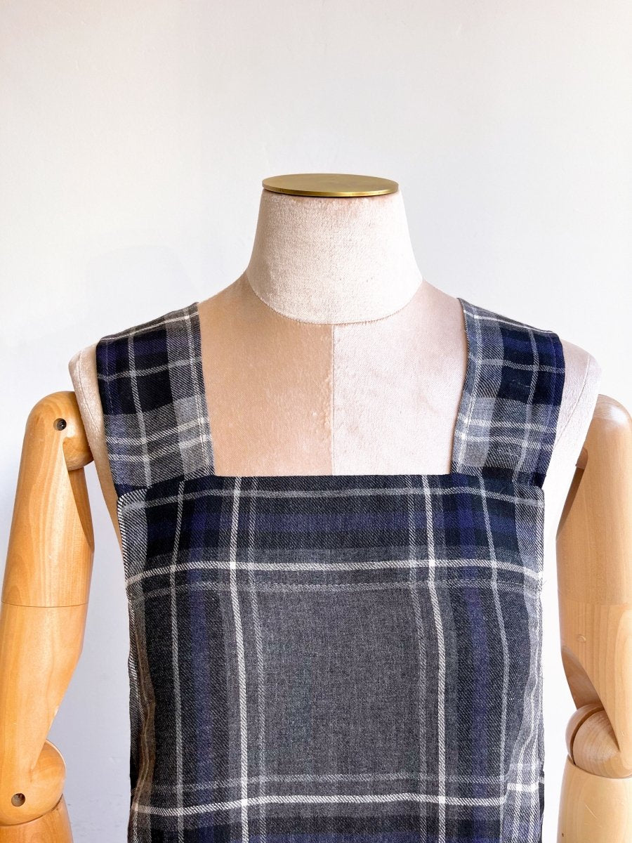 Grey, Black, & Blue Plaid Wool Pinafore Apron w/ Patch Pockets - Made X Hudson