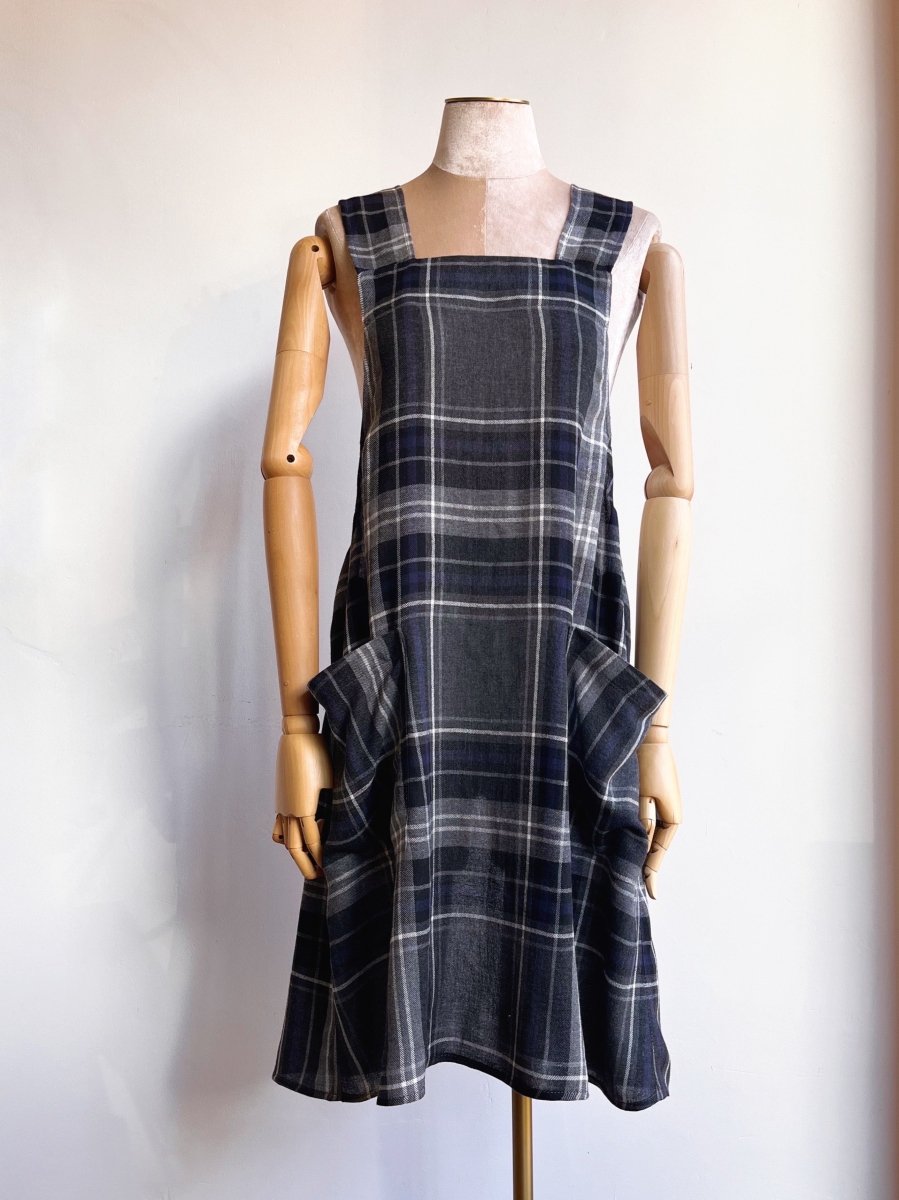Grey, Black, & Blue Plaid Wool Pinafore Apron w/ Patch Pockets - Made X Hudson