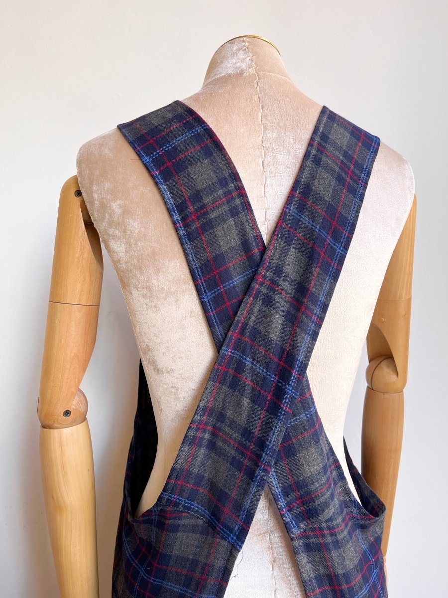 Grey, Red, Blue Plaid Wool Pinafore Apron w/ Patch Pockets - Made X Hudson