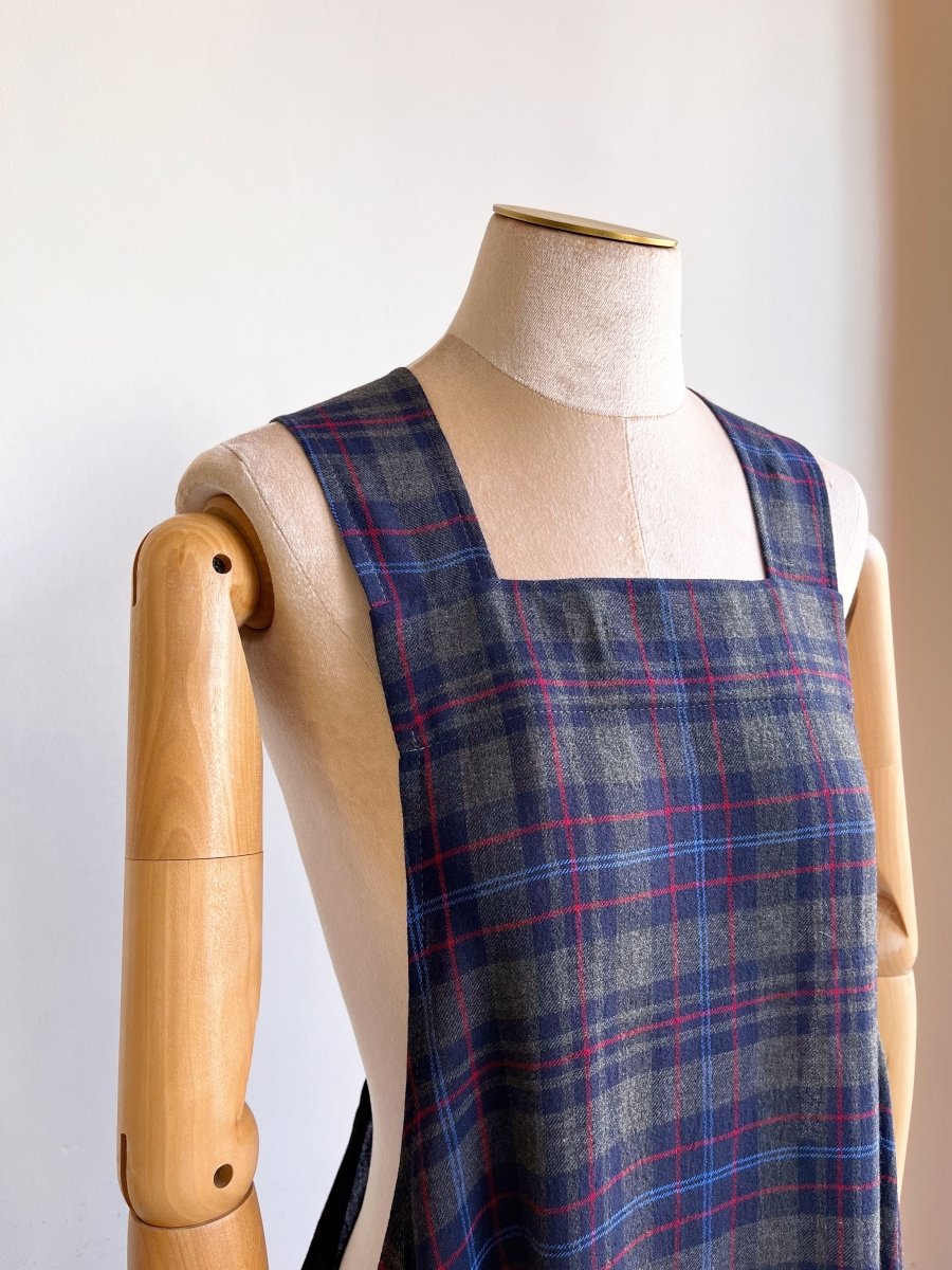 Grey, Red, Blue Plaid Wool Pinafore Apron w/ Patch Pockets - Made X Hudson