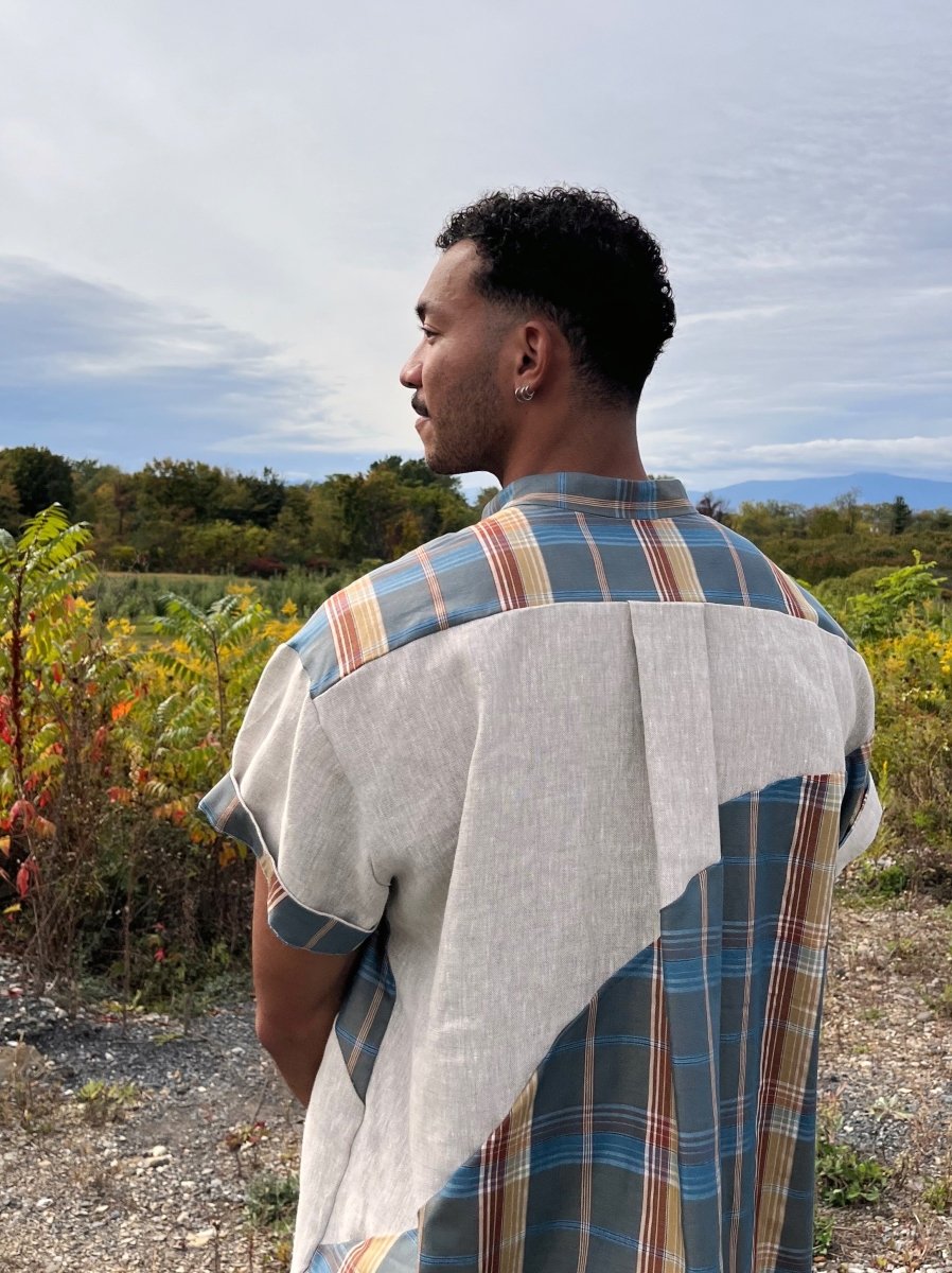 Oatmeal Linen & Blue Plaid Wave Shirt - Made X Hudson