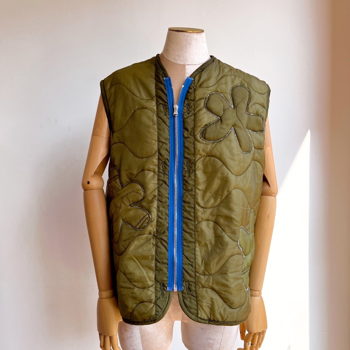 Olive Green Army Liner Quilted Vest w/ Floral Quilting & Blue Zipper (Reworked) - Made X Hudson