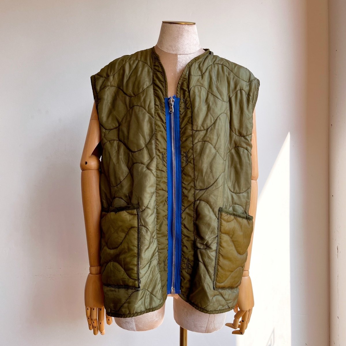 Olive Green Army Liner Quilted Vest w/ Blue Zipper (Reworked) - Made X Hudson