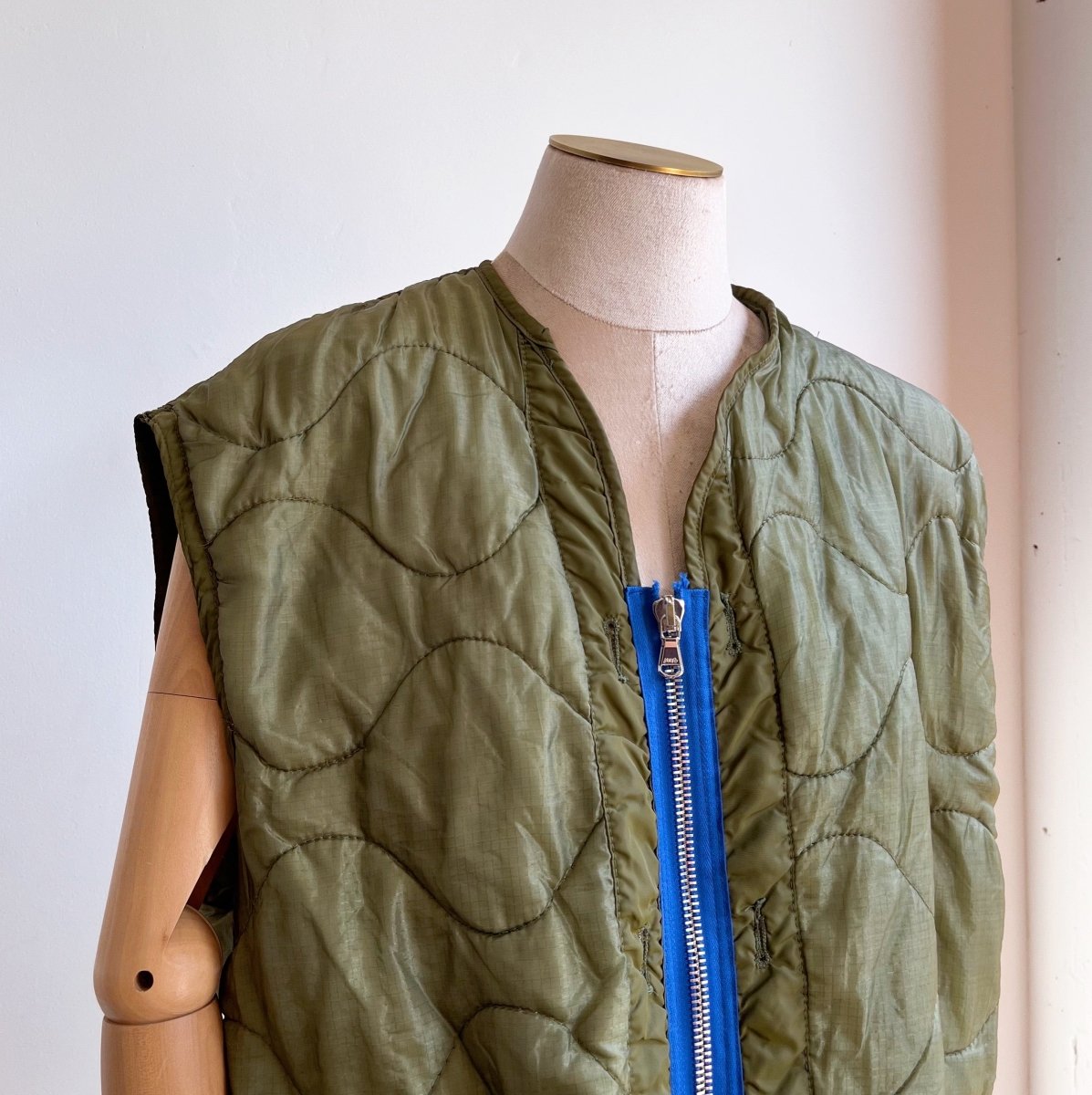 Olive Green Army Liner Quilted Vest w/ Blue Zipper (Reworked) - Made X Hudson