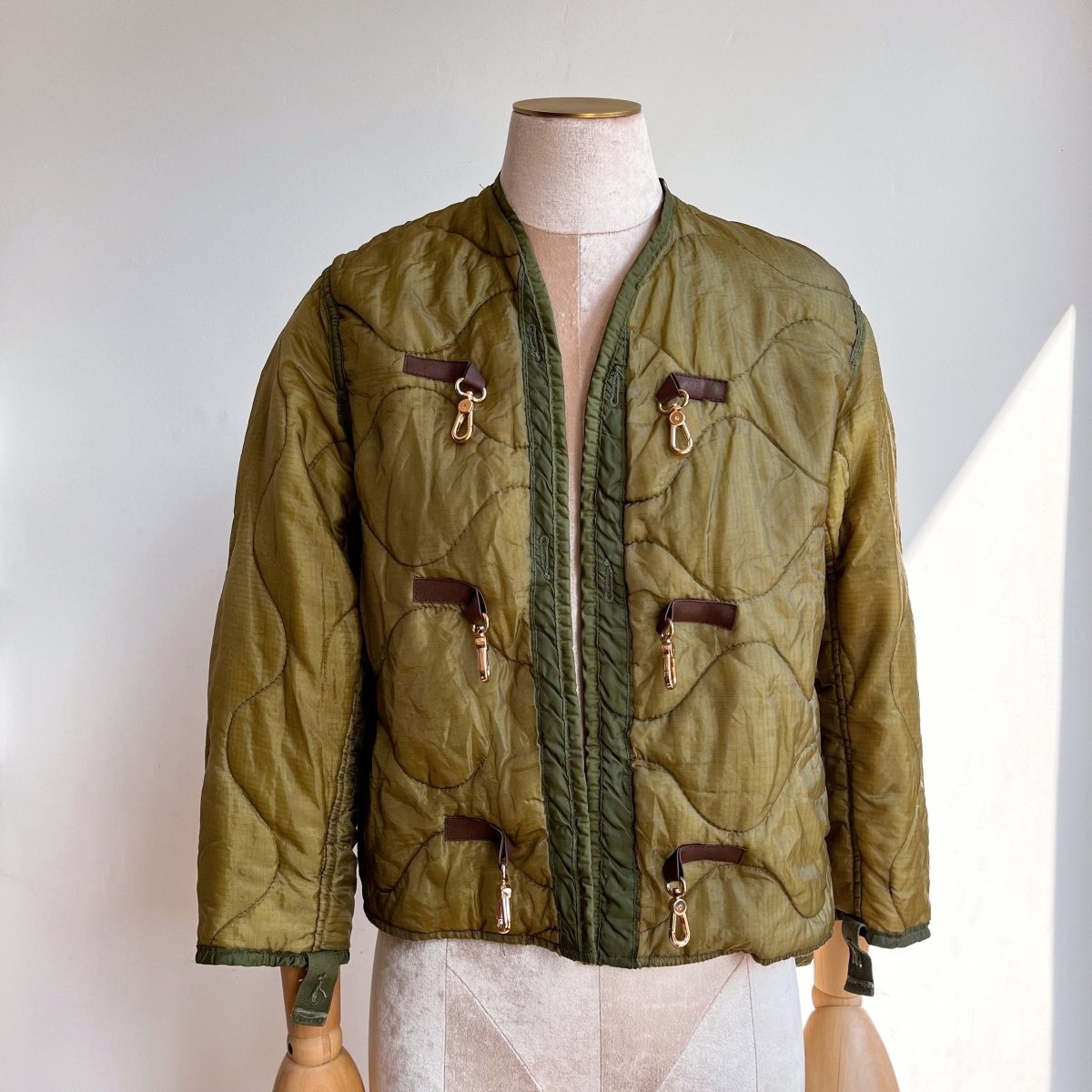 Olive Green Army Liner Quilted Coat w/ Faux Leather & Gold - tone Clasps (Reworked) - Made X Hudson