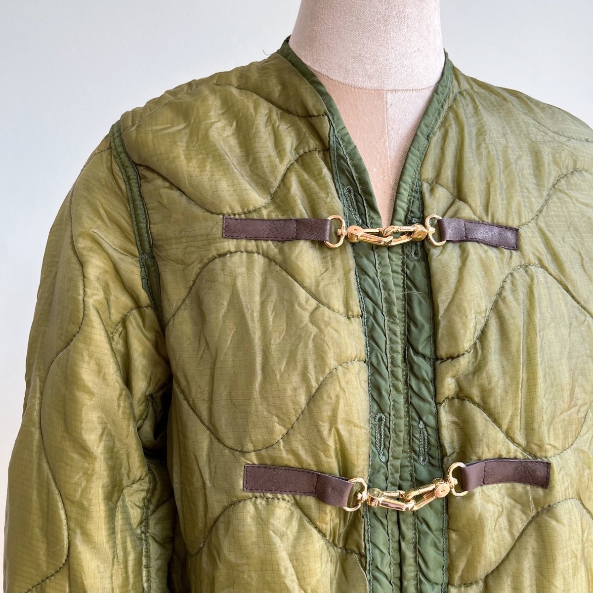 Olive Green Army Liner Quilted Coat w/ Faux Leather & Gold - tone Clasps (Reworked) - Made X Hudson