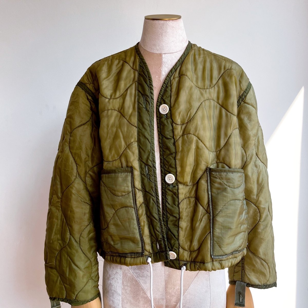 Olive Green Army Liner Quilted Coat w/ Patch Pockets & White Drawstring (Reworked) - Made X Hudson