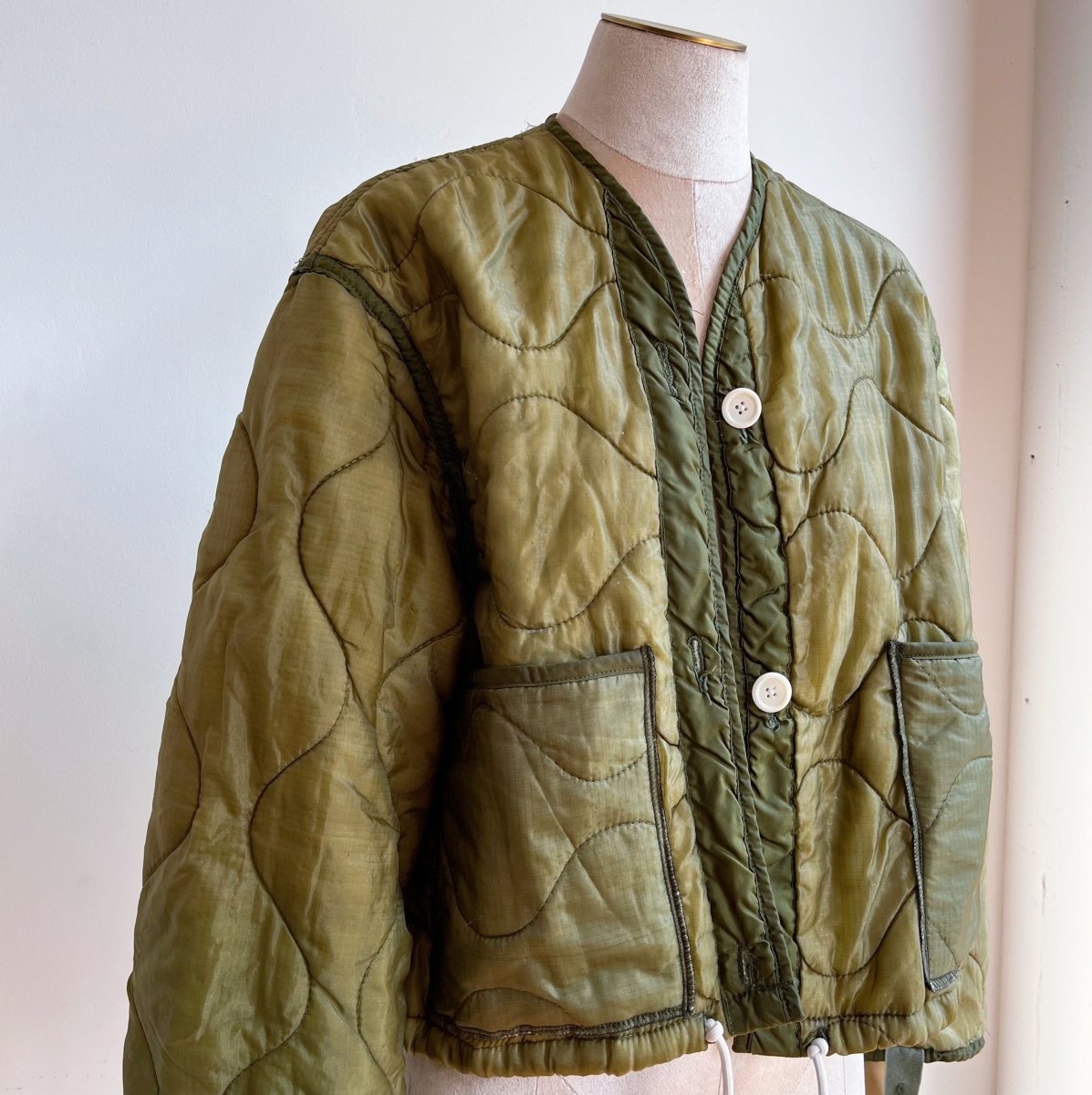 Olive Green Army Liner Quilted Coat w/ Patch Pockets & White Drawstring (Reworked) - Made X Hudson