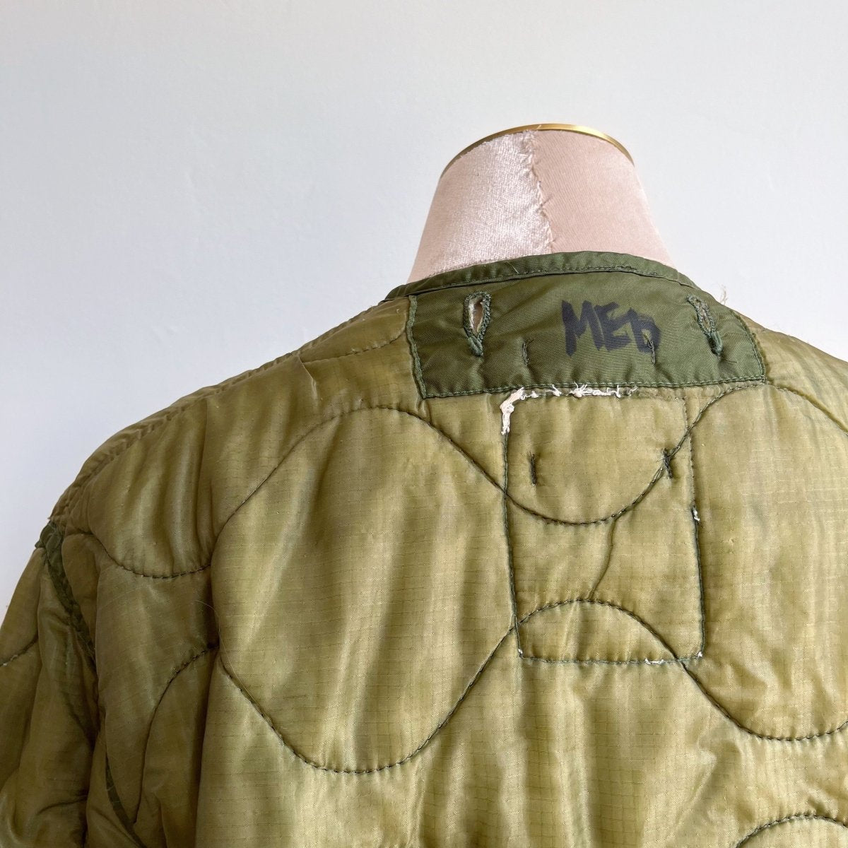 Olive Green Army Liner Quilted Coat w/ Patch Pockets & White Drawstring (Reworked) - Made X Hudson