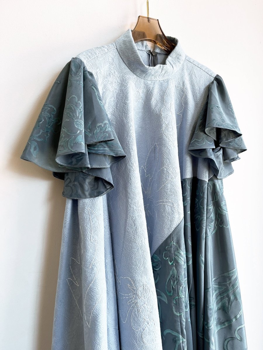 Hand - Painted Strolling Tent Dress w/ Flutter Sleeve & Hand Embroidery (Pale Blue) - Made X Hudson