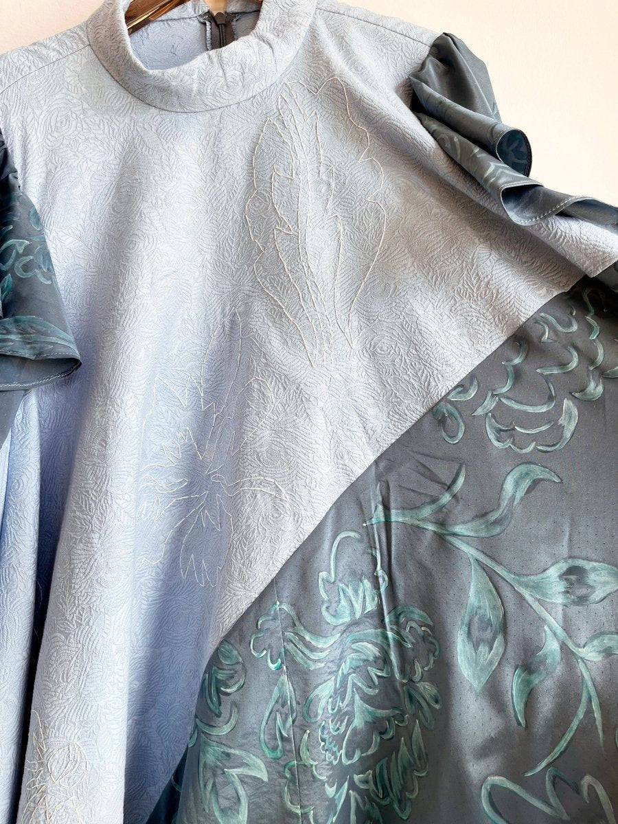 Hand - Painted Strolling Tent Dress w/ Flutter Sleeve & Hand Embroidery (Pale Blue) - Made X Hudson