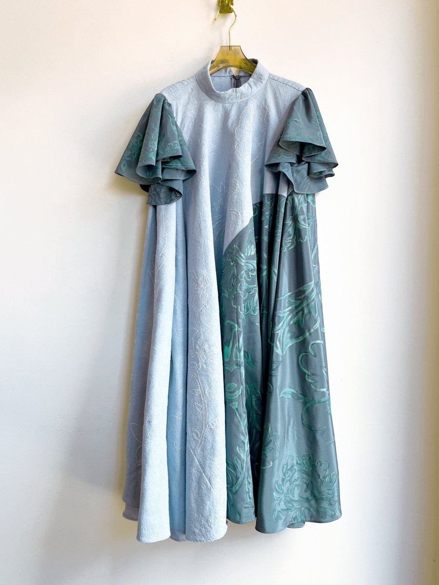 Hand - Painted Strolling Tent Dress w/ Flutter Sleeve & Hand Embroidery (Pale Blue) - Made X Hudson