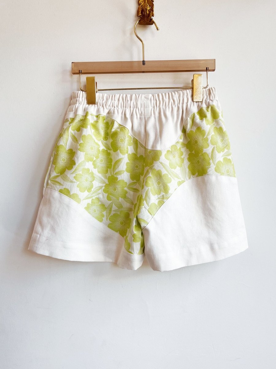 White Cotton Canvas & Lime Flower Print Wave Shorts - Made X Hudson