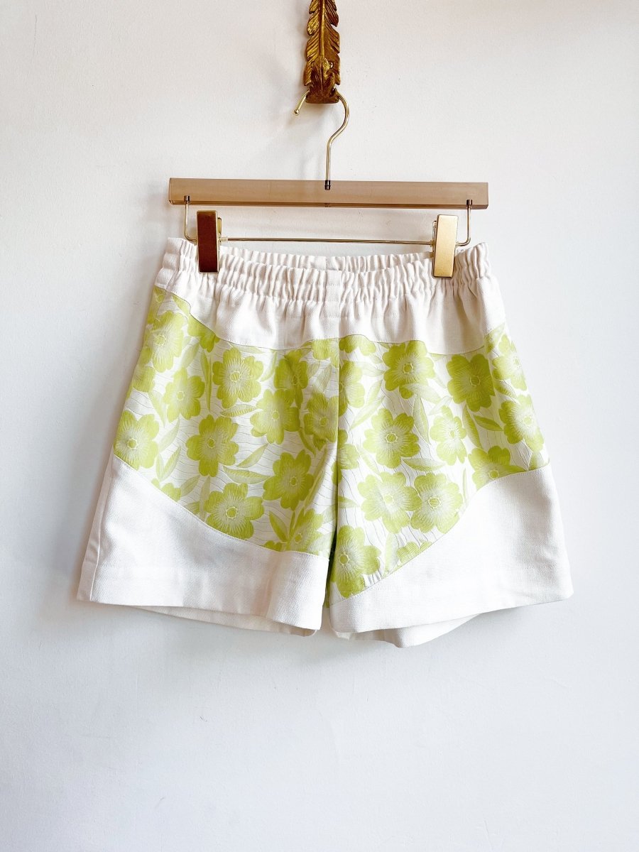 White Cotton Canvas & Lime Flower Print Wave Shorts - Made X Hudson