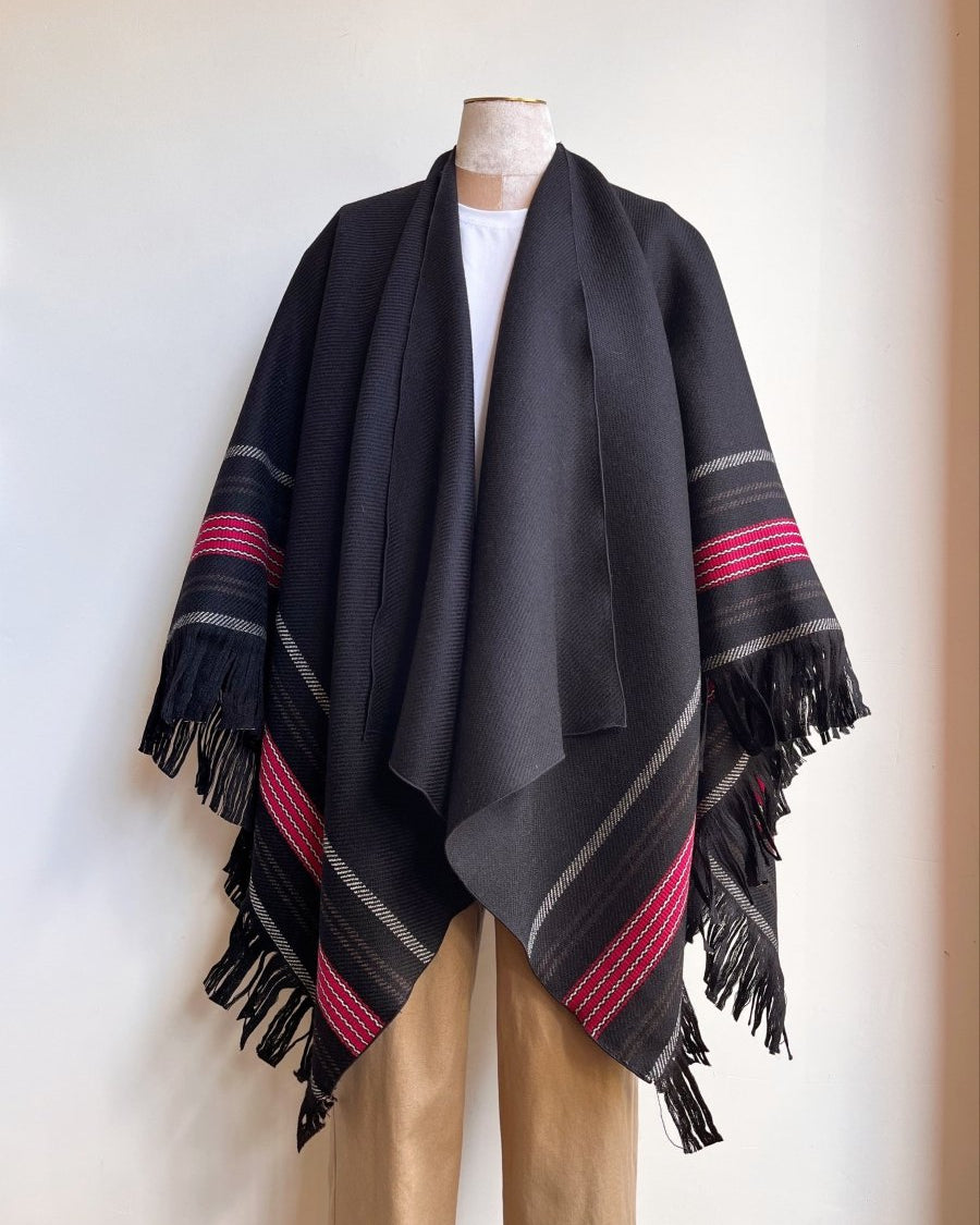 Black Pendleton Wool w/ Red Stripe Zero - Waste Reversible Cape - Made X Hudson