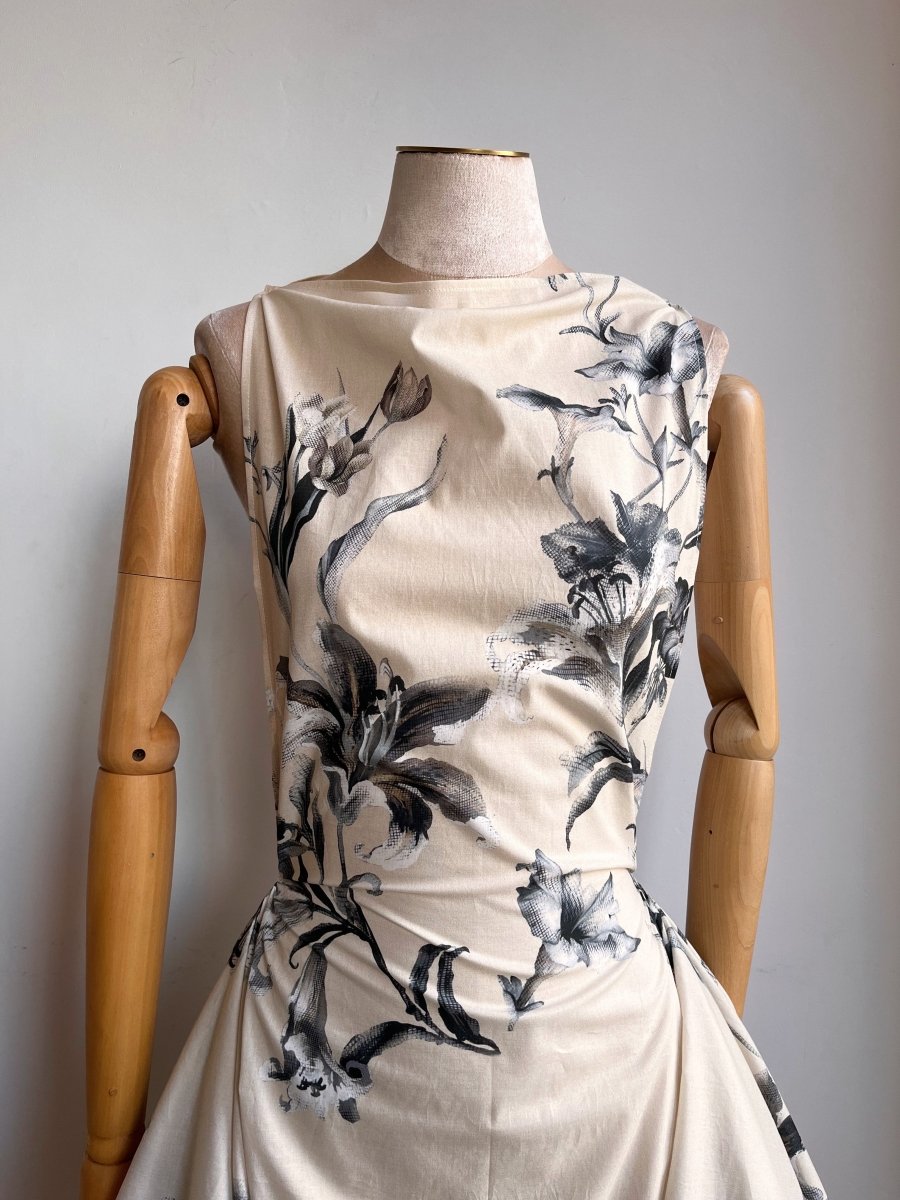 Zero - Waste Dress Eggshell and Grey Half - Tone in Lily Print - Made X Hudson