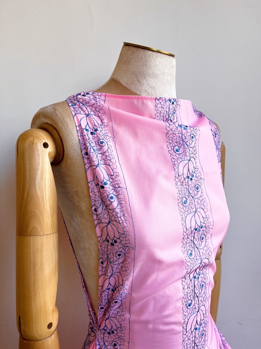 Zero - Waste Dress in Pink w/ Blue Embroidered Floral Motif - Made X Hudson